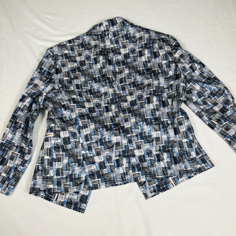 St John Women Blue Black White Geometric Print Open Front Jacket Size 10 Casual - Picture 6 of 8